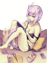Rule 34 | 1girl, ahoge, animal ears, bare shoulders, bowl, breasts, can, cat ears, cat girl, cat tail, chopsticks, cleavage, collarbone, drink can, feet, food, hair between eyes, highres, hololive, large breasts, legs, looking at viewer, medium hair, nekomata okayu, nintendo switch, open mouth, otaku (twitter), phone, pillow, pocky, purple eyes, purple hair, sidelocks, sitting, smirk, snack, soda can, solo, strap slip, tail, tank top, thighs, virtual youtuber, white background