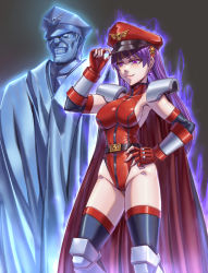 Rule 34 | 1boy, 1girl, asamiya athena, cape, corruption, crossover, dark persona, earrings, fingerless gloves, gloves, hand on own hip, hat, highres, jewelry, leebigtree, leotard, long hair, m. bison, peaked cap, possessed, possession, psycho soldier, purple eyes, purple hair, snk, street fighter, the king of fighters