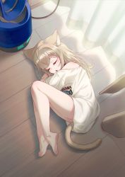 Rule 34 | 1girl, 40hara, animal ear fluff, animal ears, barefoot, blonde hair, cat ears, cat tail, closed eyes, clothes writing, commentary request, curtains, highres, indoors, kinako (40hara), long hair, lying, on back, on floor, open mouth, original, shirt, sleeping, solo, t-shirt, tail, white shirt, wooden floor