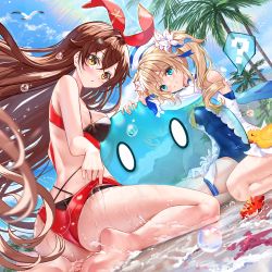 Rule 34 | 0 0, 2girls, ?, amber (genshin impact), barbara (genshin impact), barbara (summertime sparkle) (genshin impact), bare arms, bare legs, bare shoulders, barefoot, bikini, black bikini, blonde hair, blue eyes, blue one-piece swimsuit, blush, breasts, brown eyes, brown hair, chinese commentary, closed mouth, commentary request, day, dress, dutch angle, flower, genshin impact, hair flower, hair ornament, hair ribbon, highres, hydro (genshin impact), long hair, long sleeves, looking at viewer, medium breasts, mixed-language commentary, multiple girls, one-piece swimsuit, outdoors, palm tree, red bikini, red flower, red ribbon, ribbon, ringlets, shallow water, sitting, slime (genshin impact), smile, soles, spoken question mark, starfish, swimsuit, swordsouls, transparent, tree, twintails, very long hair, wariza, water, wet, white dress, white flower, white headwear