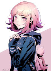 Rule 34 | 1girl, arms at sides, bag, blunt bangs, breasts, closed mouth, commentary, danganronpa (series), danganronpa 2: goodbye despair, datcravat, from side, handbag, highres, light brown hair, looking at viewer, nanami chiaki, neck ribbon, ribbon, smile, solo, twitter username, upper body, wing collar