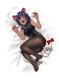 Rule 34 | 1girl, :d, animal ears, black dress, blue hair, blush, bow, brown pantyhose, china dress, chinese clothes, claw pose, commission, dark-skinned female, dark skin, dress, facial mark, fingernails, hair ornament, hands up, heart, heart hair ornament, highres, indie virtual youtuber, looking at viewer, lying, medium hair, mouse ears, mouse tail, nail polish, no shoes, on back, open mouth, pantyhose, red bow, red eyes, signature, skeb commission, smile, solo, tachibana roku, tail, tail bow, tail ornament, virtual youtuber, whisker markings, white nails