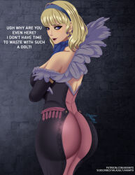 Rule 34 | 1girl, absurdres, aramyx, ass, ass focus, bare shoulders, blonde hair, breast rest, breasts, come hither, constance von nuvelle, crossed arms, dress, fire emblem, fire emblem: three houses, from behind, hairband, highres, huge ass, large breasts, looking at viewer, medium hair, nintendo, open mouth, parted lips, purple eyes, shiny clothes, sideboob, skin tight, smile, solo