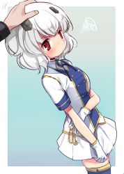 Rule 34 | 1girl, :c, aiguillette, anchor, azur lane, bad id, bad pixiv id, black choker, black thighhighs, blue shirt, blush, brooch, bulldog (azur lane), buttons, choker, closed mouth, collared shirt, eyebrows, facing away, frown, gloves, hair ornament, headpat, highres, jewelry, miniskirt, motion lines, multicolored clothes, multicolored shirt, pleated skirt, red eyes, shinoko, shirt, short hair, short sleeves, skirt, skirt tug, solo focus, squiggle, standing, thighhighs, white gloves, white hair, white shirt, white skirt, zettai ryouiki