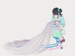 Rule 34 | 2girls, aoi tete, aqua scrunchie, artist logo, black footwear, black hair, blue bow, blue crown, blue hairband, bow, closed eyes, closed mouth, crown, crown earrings, cure nyammy, dress, dress bow, elbow gloves, gloves, green dress, grey background, grey hair, hair bow, hair ornament, hair scrunchie, hairband, half gloves, highres, invisible chair, jewelry, kneeling, lap pillow, long dress, long hair, magical girl, medium hair, mini crown, multiple girls, nekoyashiki mayu, off-shoulder dress, off shoulder, petting, pink bow, precure, scrunchie, shoes, short sleeves, side ponytail, simple background, sitting, smile, socks, very long hair, white dress, white gloves, white socks, wonderful precure!