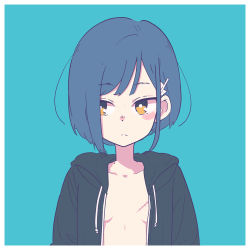 Rule 34 | 1girl, aqua background, blue hair, cireng-kun, collarbone, commentary, darling in the franxx, english commentary, expressionless, hood, hoodie, ichigo (darling in the franxx), open clothes, open hoodie, orange eyes, scar, scar on breasts, short hair, simple background, solo, upper body