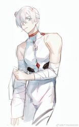 Rule 34 | 1boy, ayanami rei, ayanami rei (cosplay), bandage on face, bandaged arm, bandages, bishounen, blue eyes, cosplay, crossdressing, crossover, dante (devil may cry), devil may cry, devil may cry (series), devil may cry 3, highres, male focus, neon genesis evangelion, pale skin, weibo 7054093389, white background, white hair