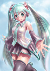 Rule 34 | 1girl, boots, detached sleeves, green eyes, green hair, hatsune miku, headset, highres, long hair, looking at viewer, matching hair/eyes, moriichi, necktie, open mouth, skirt, solo, thigh boots, thighhighs, twintails, very long hair, vocaloid