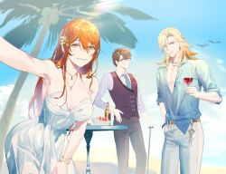 Rule 34 | 1girl, 2boys, absurdres, alcohol, bare shoulders, beach, belt, belt buckle, blonde hair, blue necktie, blue pants, blue shirt, bottle, bowl, brown eyes, brown hair, brown pants, buckle, cane, cup, dress, drinking glass, food, formal, fruit, green eyes, grin, highres, himeko (honkai: star rail), holding, holding cane, holding cup, honkai: star rail, honkai (series), honkai impact 3rd, key, long hair, looking at viewer, manboygxg, multiple boys, necktie, open mouth, outdoors, pants, polo shirt, purple vest, red hair, red wine, selfie, shirt, short hair, sleeveless, sleeveless dress, smile, strapless, strapless dress, table, teeth, vest, void archives (honkai impact), watermelon, welt yang, white dress, white shirt, wine, wine bottle, wine glass, yellow eyes