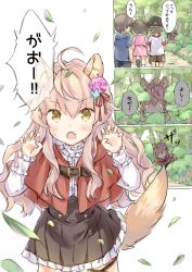 Rule 34 | + +, 1boy, 3girls, :o, ahoge, animal ear fluff, animal ears, baseball cap, black skirt, blush, capelet, center frills, child, claw pose, comic, commentary request, double-breasted, dress, fang, flower, forest, frilled cuffs, frilled dress, frilled skirt, frills, furrowed brow, hair flower, hair ornament, hair ribbon, hat, hiding, high-waist skirt, hood, hood down, hooded capelet, leaf, light brown hair, little red riding hood, little red riding hood (grimm), long hair, long sleeves, multiple girls, nature, original, pleated skirt, red capelet, ribbon, shaded face, shirt, short hair, short sleeves, shorts, sidelocks, skirt, tail, translated, tree, underbust, v-shaped eyebrows, very long hair, wataame27, wavy hair, white shirt, wolf-chan (wataame27), wolf ears, wolf girl, wolf tail