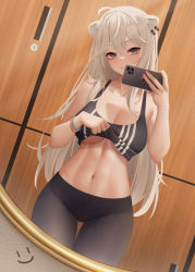 Rule 34 | 1girl, animal ears, bare arms, bare shoulders, black pants, black sports bra, blush, bracelet, breasts, cellphone, cleavage, closed mouth, clothes lift, grey eyes, highres, holding, holding phone, hololive, jewelry, large breasts, locker, long hair, looking at viewer, navel, pants, phone, shishiro botan, smartphone, smile, smiley face, solo, sports bra, sports bra lift, thighs, virtual youtuber, wei xiao, white hair