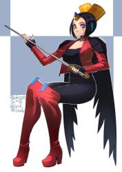 Rule 34 | 1girl, 2015, black cape, black hair, blue eyes, boots, cape, high heels, highres, holding, holding sword, holding weapon, humanization, jacket, open clothes, open jacket, red footwear, red jacket, short hair, solo, sword, transformers, weapon, windblade, zoner