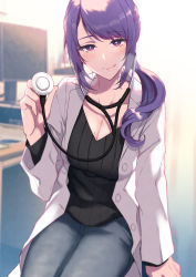 Rule 34 | 1girl, black shirt, blue pants, blurry, blurry background, breasts, cleavage, coat, collarbone, commentary request, denim, doctor, duplicate, highres, jeans, lab coat, large breasts, licking lips, long hair, looking at viewer, mole, mole on breast, mole on neck, original, pants, pochi (pochi-goya), purple eyes, purple hair, ribbed shirt, saliva, shirt, sitting, solo, stethoscope, tongue, tongue out, white coat