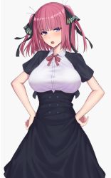 Rule 34 | 1girl, black dress, black ribbon, blue eyes, blunt bangs, blush, bow, breasts, butterfly hair ornament, clip studio paint (medium), dress, elfenlied22, go-toubun no hanayome, grey background, hair ornament, hand on own hip, head tilt, large breasts, looking at viewer, nakano nino, open mouth, pink hair, red bow, ribbon, shirt, short sleeves, simple background, twintails, v-shaped eyebrows, white shirt