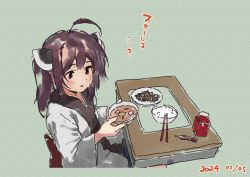 Rule 34 | ...?, 1girl, :o, ahoge, blush, bowl, brown eyes, brown hair, chopsticks, commentary request, dated, food, food request, green background, headgear, japanese clothes, kimono, lamb (hitsujiniku), long sleeves, parted lips, plate, rice, rice bowl, simple background, solo, table, touhoku kiritan, translation request, twintails, voiceroid, white kimono, wide sleeves