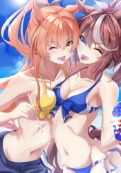 Rule 34 | 2girls, absurdres, alternate costume, animal ears, bare shoulders, beach, bikini, black bow, blue bikini, blue shorts, blue sky, bow, breasts, brown hair, cleavage, collarbone, colored tongue, commentary request, food, highres, holding, holding food, holding spoon, horse ears, horse girl, horse tail, long hair, looking at viewer, mayano top gun (umamusume), multicolored hair, multiple girls, navel, one eye closed, outdoors, pandoa (mikage0495), pink bow, ponytail, shaved ice, shorts, sky, small breasts, spoon, streaked hair, swimsuit, tail, tokai teio (umamusume), tongue, tongue out, umamusume, very long hair, white hair, yellow bikini
