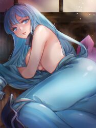 Rule 34 | 1girl, absurdres, ajino g10a, ass, bare shoulders, blue eyes, cameltoe, commission, commissioner upload, covering privates, covering breasts, hair ornament, highres, indoors, knee guards, light particles, long hair, lying, mu xiaokui (phantom blade), no bra, non-web source, on side, parted lips, partially undressed, phantom blade (game), pink ribbon, ribbon, skeb commission, solo, turtleneck