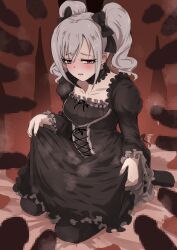 Rule 34 | 1girl, 6+boys, absurdres, black bow, black choker, black dress, black thighhighs, blush, bow, breasts, censored, charybdo, choker, collarbone, curly hair, dress, ear blush, embarrassed, frilled choker, frilled dress, frilled sleeves, frills, full-face blush, gothic lolita, gradient background, grey hair, hair between eyes, hair bow, hair ornament, highres, huge filesize, idolmaster, idolmaster cinderella girls, kanzaki ranko, kneeling, lolita fashion, medium breasts, mosaic censoring, multiple boys, parted bangs, parted lips, penis, purple nails, red eyes, steam, surrounded by penises, thighhighs, tomawarinosuizou, twintails