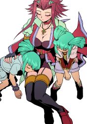 Rule 34 | 1boy, 2girls, absurdres, aqua hair, black thighhighs, bracelet, breasts, brother and sister, choker, cleavage, closed eyes, eyelashes, fingerless gloves, garter straps, gloves, highres, izayoi aki, jacket, jewelry, large breasts, lua (yu-gi-oh!), luca (yu-gi-oh!), multiple girls, necklace, open clothes, open jacket, red choker, red hair, red jacket, siblings, sleeping, thighhighs, twins, twintails, white background, youko-shima, yu-gi-oh!, yu-gi-oh! 5d&#039;s