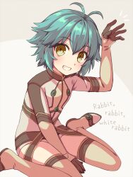 Rule 34 | 1girl, antenna hair, between legs, black gloves, blue hair, blush, boots, chihiro (chihiro3399), commentary request, eiyuu densetsu, english text, foot out of frame, gloves, grey background, grin, hair between eyes, hand between legs, hand up, highres, leaning forward, long sleeves, looking at viewer, millium orion, notice lines, sen no kiseki, short hair, simple background, sitting, smile, solo, spiked hair, thigh boots, wariza, yellow eyes
