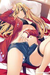Rule 34 | 1girl, absurdres, arm up, barefoot, bikini, black bikini, blonde hair, blue shorts, breasts, closed mouth, cross, cross necklace, ear piercing, expressionless, hand on own stomach, highres, jacket, jewelry, kurebayashi noe, large breasts, long hair, long sleeves, looking at viewer, lying, mole, mole under eye, multicolored hair, multiple rings, nail polish, navel, necklace, on back, on bed, open clothes, open fly, open jacket, original, panties, panty peek, piercing, pillow, red jacket, ring, short shorts, shorts, solo, stomach, streaked hair, striped clothes, striped panties, swimsuit, thigh strap, thighs, underwear, yellow eyes