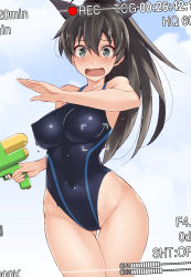Rule 34 | !?, 2girls, asymmetrical bangs, black hair, black ribbon, blush, bodypaint, breasts, brown hair, chibi, chibi inset, collarbone, cowboy shot, dissolving clothes, false clothes, fang, ganaha hibiki, gluteal fold, green eyes, groin, hair between eyes, hair ribbon, high ponytail, highres, holding, idolmaster, idolmaster (classic), large breasts, looking at viewer, minase iori, multiple girls, nakamura yukitoshi, navel, nipples, o o, one-piece swimsuit, open mouth, painted clothes, puffy nipples, ribbon, solo, sweatdrop, swimsuit, tears, thigh gap, translation request, triangle mouth, viewfinder, water gun, wet