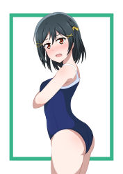 Rule 34 | 1girl, absurdres, bare legs, bare shoulders, black hair, blue one-piece swimsuit, border, bow, breasts, competition swimsuit, embarrassed, green border, hair between eyes, hair bow, hair ornament, hair ribbon, highres, hoenn (hoenn17), looking at viewer, love live!, love live! nijigasaki high school idol club, medium breasts, mifune shioriko, one-piece swimsuit, orange eyes, parted lips, red eyes, ribbon, school swimsuit, sharp teeth, short hair, sideboob, smile, solo, standing, swimsuit, teeth, triangle hair ornament, white background, x hair ornament, yellow bow, yellow ribbon