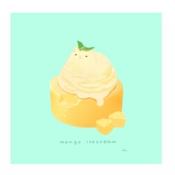 Rule 34 | :3, animal-themed food, border, cat, chai (drawingchisanne), commentary request, food, food focus, green background, ice cream, mango, melting, mint, no humans, original, signature, simple background, solid oval eyes, white border