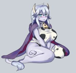 Rule 34 | 1girl, animal ears, animal print, bare legs, barefoot, bell, between legs, blue eyes, blush, breasts, cape, cleavage, clothing cutout, collar, colored skin, commentary, cow ears, cow girl, cow horns, cow print, cow tail, cowbell, full body, fusion, grey background, hair between eyes, hand between legs, highres, holstaur (monster girl encyclopedia), hood, hood down, horns, huge breasts, leotard, lich (monster girl encyclopedia), long hair, looking at viewer, monster girl encyclopedia, nav (itsnav), neck bell, print thighhighs, purple skin, revealing clothes, silver hair, simple background, single thighhigh, sitting, solo, tail, tattoo, thighhighs, underboob, underboob cutout