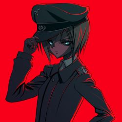 Rule 34 | 00s, 1girl, blonde hair, blue eyes, erica hartmann, hat, red background, short hair, solo, strike witches, uniform, world witches series
