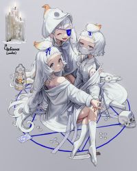 Rule 34 | 3girls, blue eyes, blue ribbon, candle, card, closed eyes, eyepatch, hair ribbon, highres, holding hands, knife, lantern, long hair, long sleeves, looking at viewer, mask, mouth mask, multiple girls, open mouth, original, personification, ribbon, rinotuna, shadow, shirt, short hair, skull, smile, socks, stuffed toy, twintails, very long hair, white hair, white legwear, white mask, white shirt