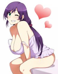 Rule 34 | 10s, 1girl, bare legs, bare shoulders, between legs, bow, breasts, camisole, cleavage, downblouse, green eyes, grin, hair bow, hand between legs, hanging breasts, heart, highres, large breasts, leaning forward, legs, long hair, looking at viewer, love live!, love live! school idol festival, love live! school idol project, low ponytail, mattari yufi, one eye closed, purple hair, simple background, sitting, smile, solo, strap slip, teeth, tojo nozomi, umbrella, v arms, white background