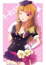 Rule 34 | 10s, 1girl, bad id, bad pixiv id, bow, brown hair, epaulettes, flower, frilled skirt, frills, garter straps, gloves, hand on own hip, hat, heart, idol, k@ito90p, long hair, looking at viewer, love live!, love live! school idol project, one eye closed, pink background, polka dot, polka dot background, purple eyes, skirt, smile, solo, white gloves, wink, yuki anju