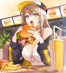 Rule 34 | 1girl, absurdres, bacon, bare shoulders, baseball cap, black jacket, breasts, brown eyes, brown hair, cheese, choker, cleavage, cup, disposable cup, drinking straw, ear piercing, eating, fast food, food, french fries, grey shirt, burger, hat, highres, holding, holding food, jacket, large breasts, lettuce, long hair, looking at viewer, off shoulder, open clothes, open jacket, open mouth, original, piercing, shirt, sidelocks, solo, teffish, tomato, upper body