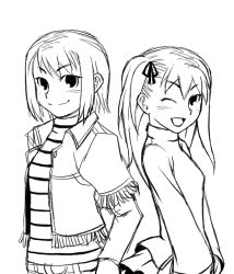 Rule 34 | 2girls, aged down, back-to-back, cynthia the mission, dual persona, greyscale, hair ribbon, monochrome, multiple girls, one eye closed, ribbon, shimizu hotaru, shiro obi, short hair, side ponytail, skirt, smile, striped clothes, striped sweater, sweater, time paradox, turtleneck, vest, wink