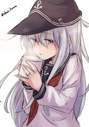 Rule 34 | 1girl, anchor symbol, black hat, black sailor collar, blue eyes, blush, cup, flat cap, hair between eyes, hat, hibiki (kancolle), highres, holding, holding cup, jewelry, kantai collection, kuuru (kuuru-n), long hair, long sleeves, neckerchief, parted lips, red neckerchief, ring, sailor collar, school uniform, serafuku, silver hair, simple background, solo, twitter username, upper body, wedding band, white background