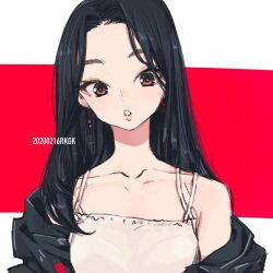 Rule 34 | 1girl, black hair, black jacket, brown eyes, camisole, collarbone, commentary request, earrings, highres, jacket, jewelry, long hair, looking at viewer, open clothes, open jacket, original, parted lips, sasetsu, single bare shoulder, solo, two-tone background, upper body, white camisole