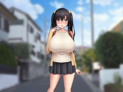 Rule 34 | 1girl, black hair, blue eyes, blurry, blurry background, blush, breasts, cloud, day, female focus, hair between eyes, hand up, highres, house, huge breasts, jacket, legs, looking at viewer, nose blush, open mouth, original, outdoors, road, skirt, sky, solo, standing, street, tapisuke, thighs, tree, twintails