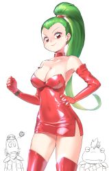 Rule 34 | &gt;:), 1girl, 2boys, absurdres, aino hitomi, bare shoulders, boots, breasts, choker, cleavage, clenched hand, closed mouth, collarbone, covered navel, dress, earrings, elbow gloves, eyeshadow, gloves, graphite (medium), green hair, hand on own hip, high ponytail, highres, jewelry, jikuu tantei genshi-kun, large breasts, lipstick, long hair, looking at viewer, makeup, microdress, monster boy, multiple boys, muto (uadocjon 21), naughty face, neck, partially colored, ponytail, red choker, red dress, red eyes, red footwear, red gloves, short dress, side slit, solo focus, standing, strapless, strapless dress, stud earrings, t.p. lady, thigh boots, thighhighs, traditional media, tube dress, very long hair, zettai ryouiki