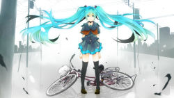 Rule 34 | 1girl, aqua eyes, aqua hair, arms at sides, basket, bicycle, black thighhighs, blue skirt, floating hair, full body, hatsune miku, long hair, looking at viewer, miniskirt, neckerchief, pigeon-toed, pleated skirt, power lines, reflection, school uniform, serafuku, short sleeves, skirt, solo, standing, thighhighs, twintails, very long hair, vocaloid, yucco kxoxc