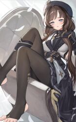 Rule 34 | 1girl, 22 (291085645), armored gloves, black sarong, blue eyes, breasts, brown hair, chair, feathers, granblue fantasy, hair intakes, heel-less legwear, highres, large breasts, long hair, low twintails, raziel (granblue fantasy), sarong, showgirl skirt, solo, stirrup legwear, toeless legwear, twintails