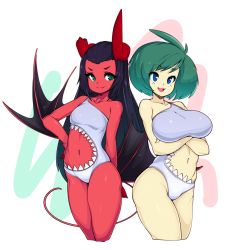 Rule 34 | 2girls, :d, asymmetrical horns, bad id, bad tumblr id, black hair, blue eyes, breasts, closed mouth, colored skin, commentary, cropped legs, demon girl, english commentary, freckles, green eyes, green hair, grey one-piece swimsuit, hand on own hip, highres, horns, large breasts, legs together, long hair, meme attire, multiple girls, navel, one-piece swimsuit, open mouth, original, red skin, short hair, slugbox, small breasts, smile, standing, swimsuit, uneven horns, yellow skin
