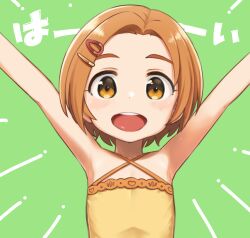 Rule 34 | 1girl, absurdres, arms up, bare shoulders, blush, camisole, commentary request, green background, hair ornament, hairclip, happy, highres, idolmaster, idolmaster cinderella girls, looking at viewer, miyanogi jiji, open mouth, orange eyes, orange hair, ryuzaki kaoru, short hair, smile, solo, teeth, thick eyebrows, two-tone background, upper body, upper teeth only