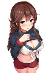 Rule 34 | 1girl, absurdres, bikini, bikini under clothes, black bikini, black sweater, blush, braid, breasts, brown hair, cleavage, clothes pull, flying sweatdrops, green eyes, hair ribbon, highres, kantai collection, large breasts, long hair, long sleeves, navel, noshiro (kancolle), open mouth, red skirt, ribbed sweater, ribbon, senbei (senbe i), shirt, shirt under sweater, shorts, sidelocks, simple background, skirt, solo, sweater, sweater pull, swimsuit, tied shirt, twin braids, white background, white shirt