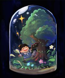Rule 34 | 1boy, ^ ^, black footwear, black hair, blue flower, blue shirt, blush, blush stickers, bojji, boots, chibi, closed eyes, collared shirt, commentary, crown, english commentary, flower, full body, grass, grey pants, happy, highres, holding hands, in container, in jar, jar, kage (ousama ranking), long sleeves, mini crown, open mouth, ousama ranking, pants, pink flower, plant, playing, rock, shirt, short hair, smile, star (symbol), teeth, tree, upper teeth only, vines, white flower, yao (kiwi hiu)