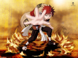 Rule 34 | artist request, body writing, fighting stance, full body, gaara (naruto), gourd, highres, male focus, naruto, naruto (series), red hair, sand, solo, watermark, web address