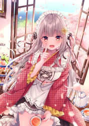 Rule 34 | 1girl, :d, apron, black skirt, cherry blossoms, commentary request, cookie, cup, dango, day, fang, food, frilled apron, frilled skirt, frills, grey hair, hand up, holding, holding cup, houndstooth, index finger raised, indoors, japanese clothes, kimono, looking at viewer, maid, maid apron, maid headdress, mousse (food), nemuri nemu, open mouth, open window, original, petals, red eyes, red kimono, sanshoku dango, skirt, smile, solo, tart (food), tea, teacup, teapot, tiered tray, wa maid, wagashi, white apron, window
