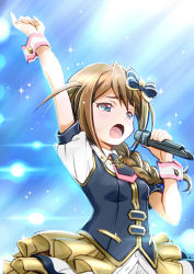 Rule 34 | 10s, 1girl, aqua eyes, arm up, baba konomi, blush, braid, brown hair, crying, crying with eyes open, hair flaps, highres, holding, holding microphone, idolmaster, idolmaster million live!, light rays, long hair, mercy rabbit, microphone, open mouth, parfait noir (idolmaster), single braid, solo, sparkle, stage lights, tears, upper body