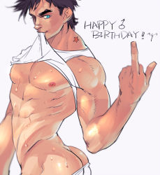 Rule 34 | 1boy, ass, bad id, bad pixiv id, blue eyes, blurry, clothes lift, depth of field, emg (christain), happy birthday, jojo no kimyou na bouken, joseph joestar, joseph joestar (young), male focus, middle finger, mouth hold, nipples, one eye closed, partially colored, purple hair, shirt lift, solo, sweat, wink