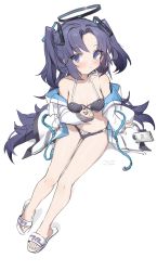 Rule 34 | 1girl, bikini, black bikini, black hair, blue archive, blue eyes, breasts, coat, feet, halo, hand on own chest, highres, long hair, looking at viewer, nemo (leafnight), off shoulder, sandals, simple background, sitting, small breasts, solo, swimsuit, thighs, toes, two side up, white background, white coat, yuuka (blue archive)